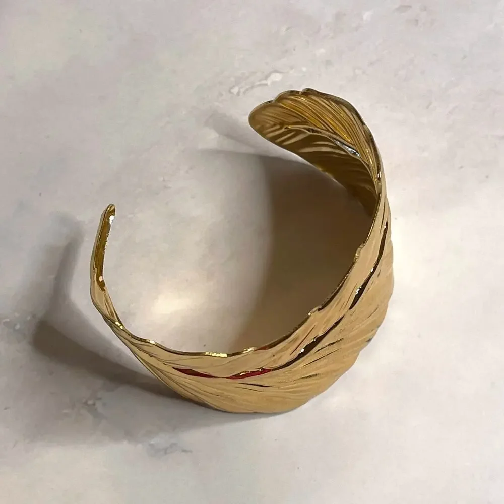 Gold Tone Feather Cuff Bracelet Wide Statement Boho Leaf Open Bangle